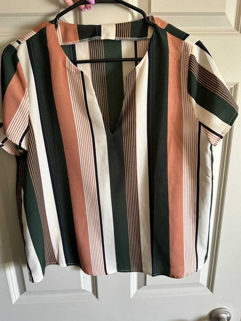 Striped V-Neck Short Sleeve Top in Green, Cream & Rust